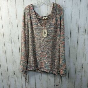 Easel NWT Women's Knit Hooded Sweater Boho Multicolor Pockets Size L